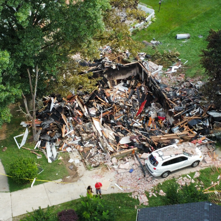 Aerial view of Jeffersonville house explosion
